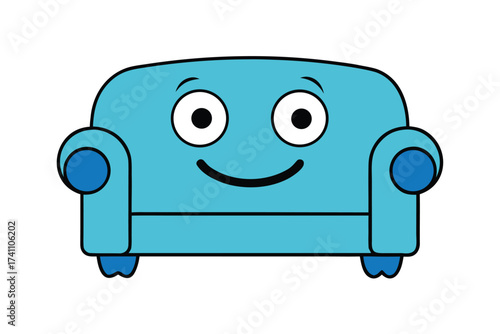 Vector art of a delightful blue sofa with a smiling face, , brings a sense of calm and happiness to any living space, inviting relaxation and comfort