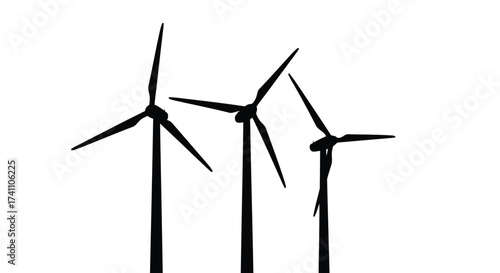 Vector illustration of silhouette of three wind turbines, representing renewable energy and sustainable power generation