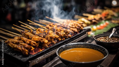 Wallpaper Mural Grilled satay skewers dipped in peanut sauce, vibrant Southeast Asian street ambiance. Torontodigital.ca