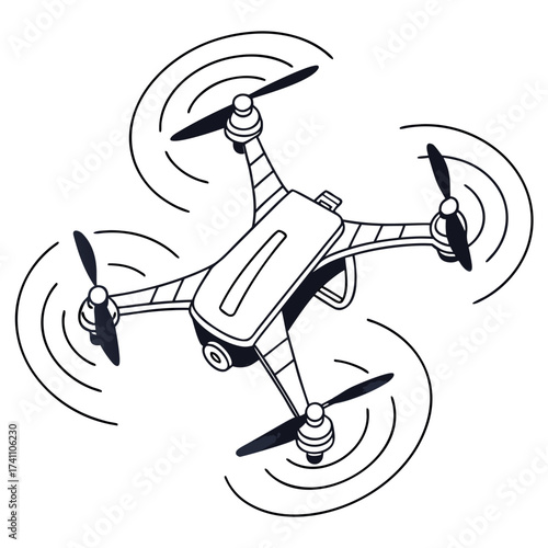 Black and white drone with propellers flying quadcopter