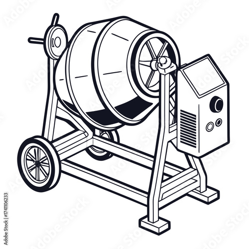 Black and white illustration of a cement mixer concrete mixer