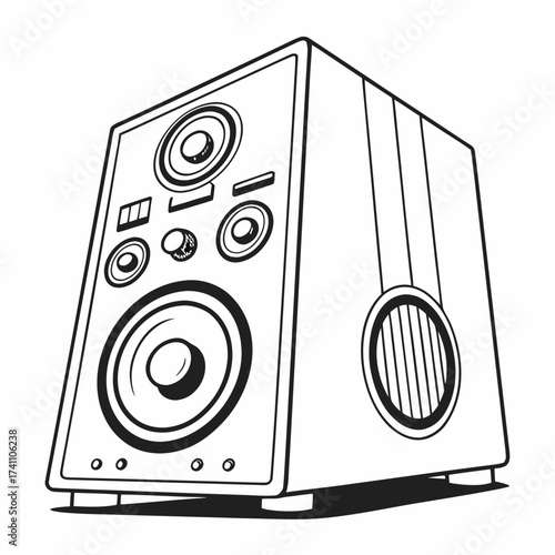 Black and white illustration of a desktop speaker audio