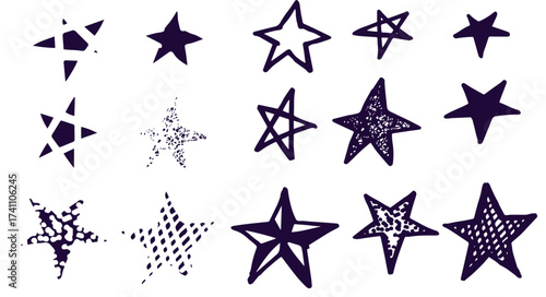 Black crayon hand drawn stars set. Childish doodled sparks and sparkles collection. Grunge rough brush stroke shine element pack for collage, poster, sticker. Kid sketched wax pencil symbols