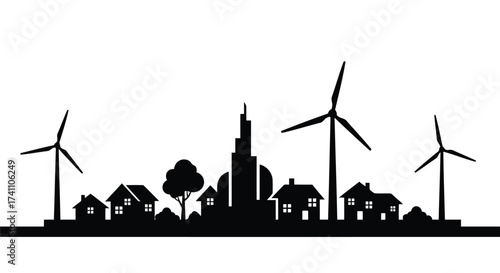 Vector illustration of ecofriendly city silhouette wind turbines and houses symbolizing a sustainable urban landscape powered by renewable energy for a cleaner environment