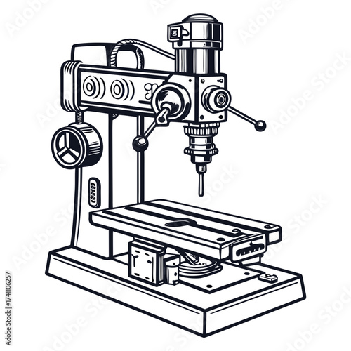 Black and white illustration of a milling machine drill press