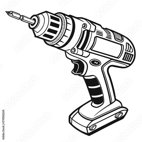 Black and white illustration of a cordless drill power tool 1