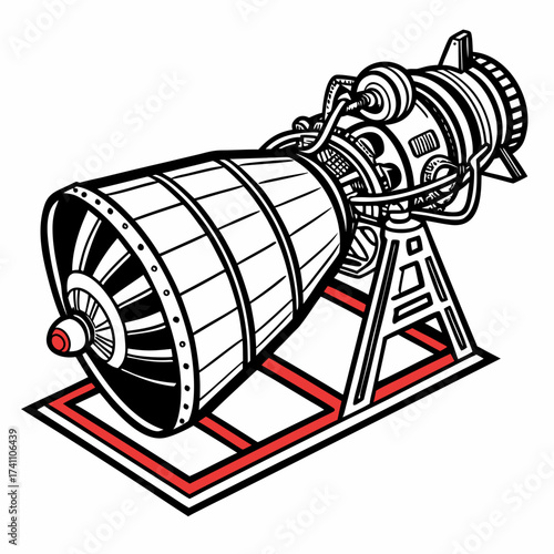 Black and white jet engine illustration with red accents