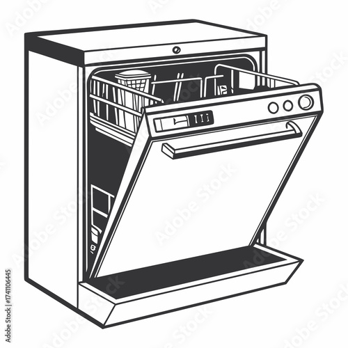 Black and white illustration of an open dishwasher