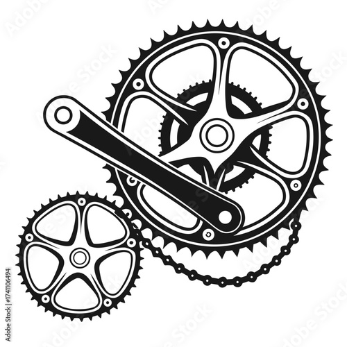 Black bicycle crankset and chainring with chain bike