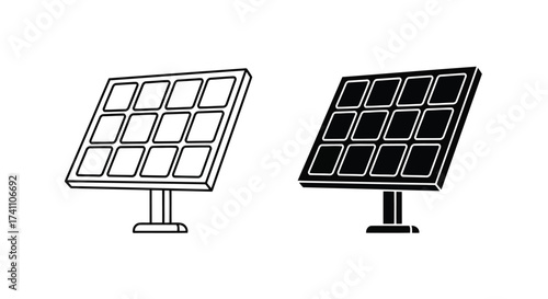 Vector illustration of solar panel icon, showcasing renewable energy technology in both outline and solid black versions for versatile design use
