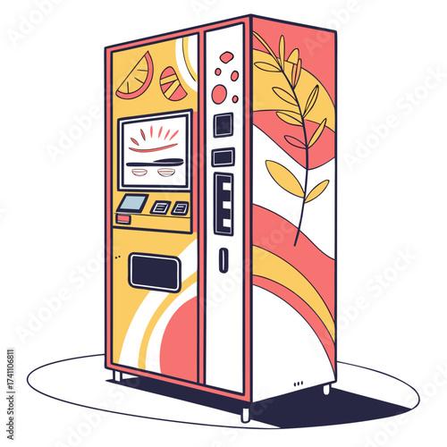 Bright yellow and coral vending machine with abstract design