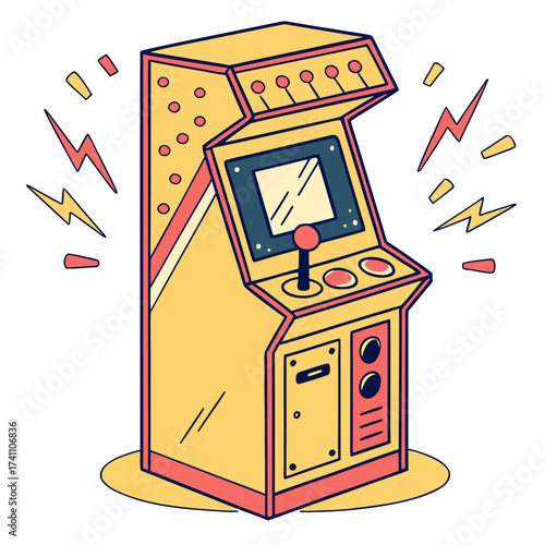 Bright yellow arcade game machine with red accents and lightning bolts