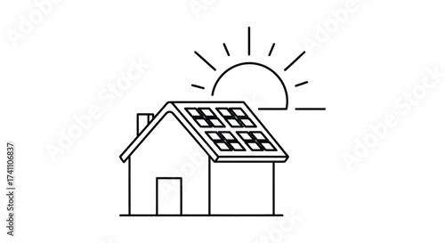 Vector illustration of illustration of a house with solar panels on the roof under the sun, representing sustainable energy and ecofriendly living