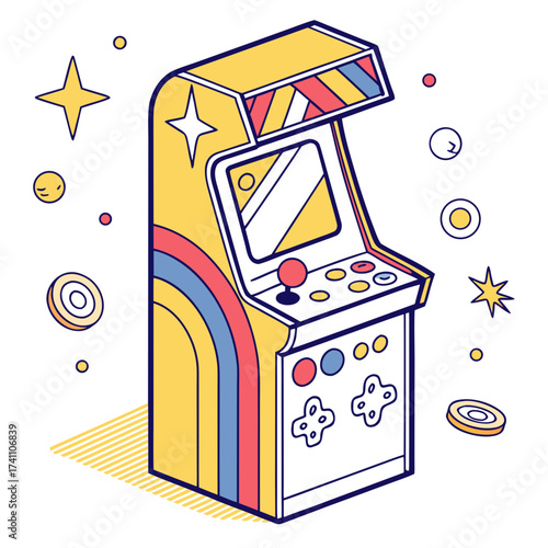 Bright yellow arcade machine with colorful stripes and game elements