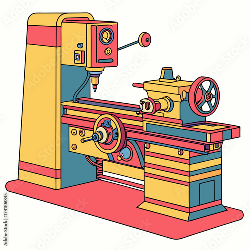 Bright yellow blue and red lathe machine industrial