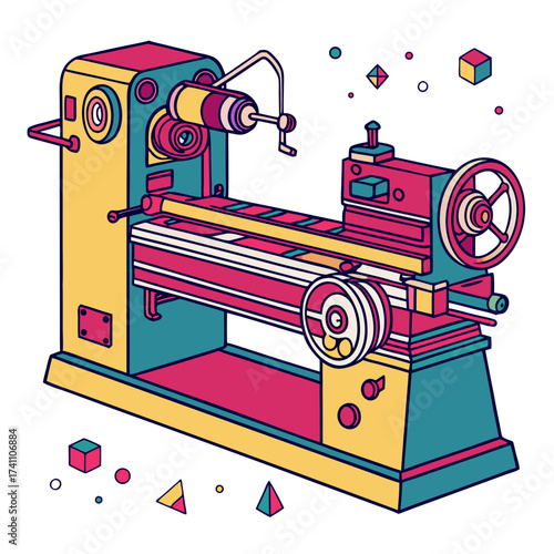 Bright yellow teal and pink lathe machine industrial