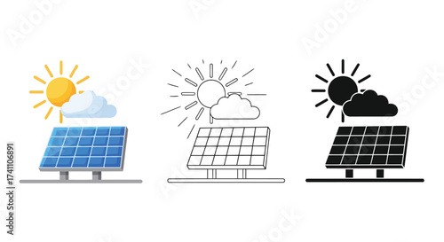 Vector illustration of solar panel with sun and cloud in different styles renewable energy source for electricity generation sustainable power for future