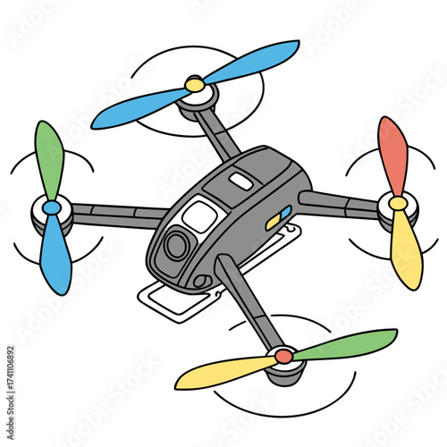 Cartoon drone with colorful propellers on white quadcopter