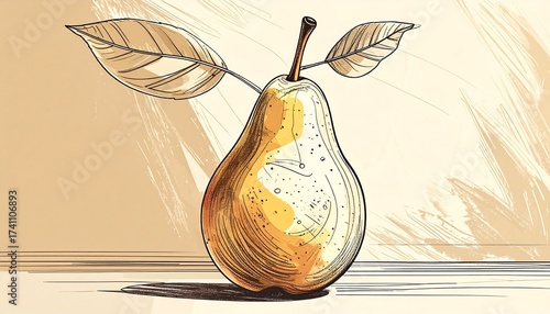 Illustration of a Pear with Leaves in a Vintage Style on a Textured Background