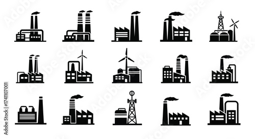 Vector illustration of set of fifteen different industrial factory and plant buildings, representing various manufacturing and production facilities