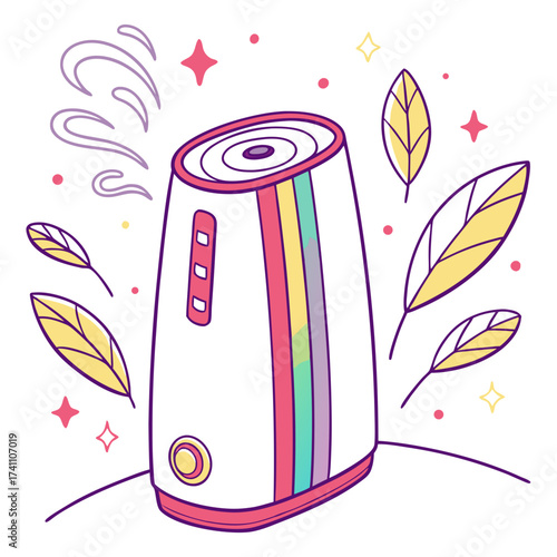 Colorful air purifier with steam and leaves illustration