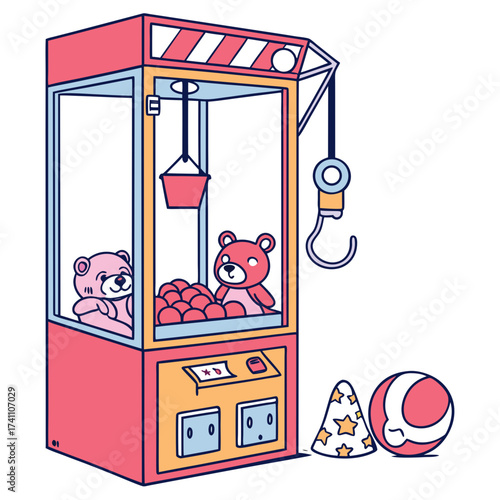 Colorful arcade claw machine with teddy bears and prizes 1