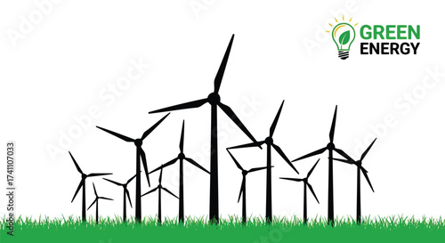 Vector illustration of wind turbines in a field of grass with a green energy logo, representing sustainable power generation and environmental awareness