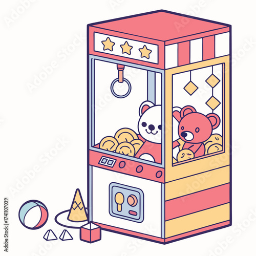 Colorful arcade claw machine with teddy bears and toys