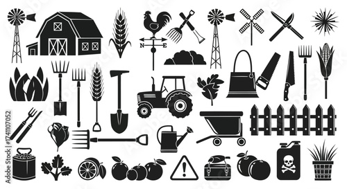 Vector illustration of collection of black farming icons, depicting agriculture, tools, crops, and rural life elements for graphic design purposes