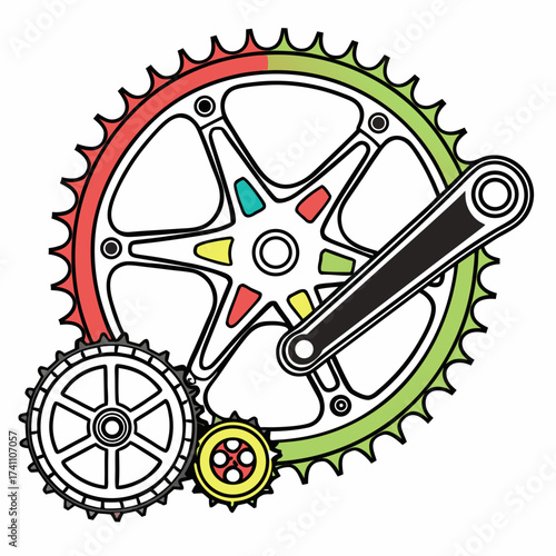 Colorful bicycle chainring crankset and gears illustration