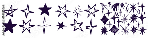 Black crayon hand drawn stars set. Childish doodled sparks and sparkles collection. Grunge rough brush stroke shine element pack for collage, poster, sticker. Kid sketched wax pencil symbols