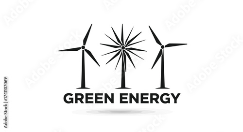 Vector illustration of green energy logo featuring three stylized wind turbines with the text green energy, promoting sustainable power sources