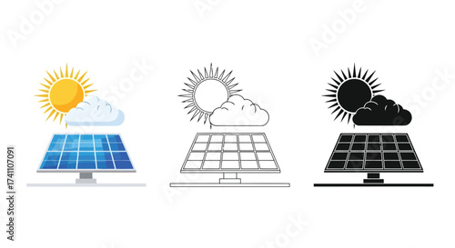 Vector illustration of solar panel illustrations in color, outline, and silhouette, representing renewable energy and sustainable technology