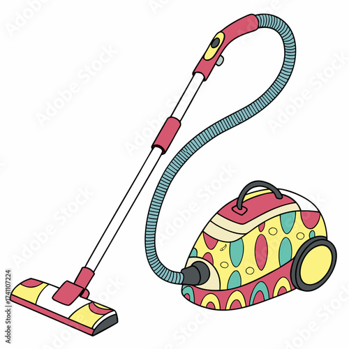 Colorful cartoon vacuum cleaner with hose and nozzle