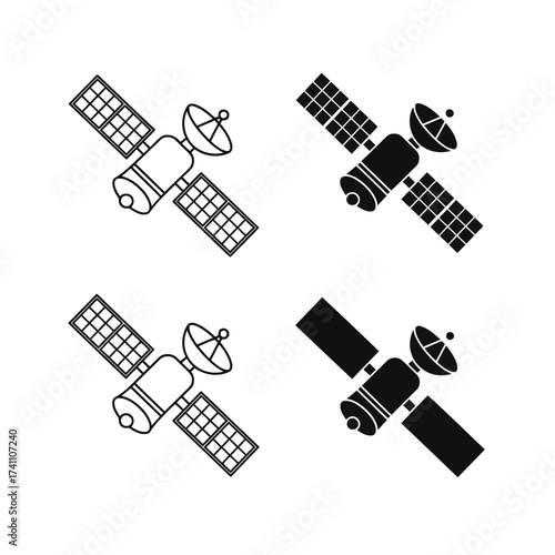 Vector illustration of four satellite icons in different styles, two in outline and two in solid fill, , representing space technology and communication