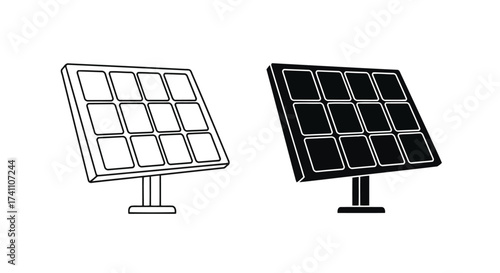 Vector illustration of solar panel icon set renewable energy source, clean electricity, and sustainable technology symbol in black and white
