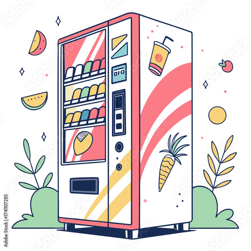 Colorful cartoon vending machine with fruits and drinks