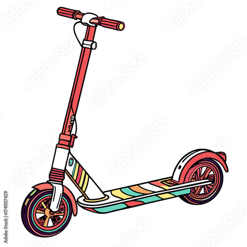 Colorful electric scooter with striped deck and patterned wheels