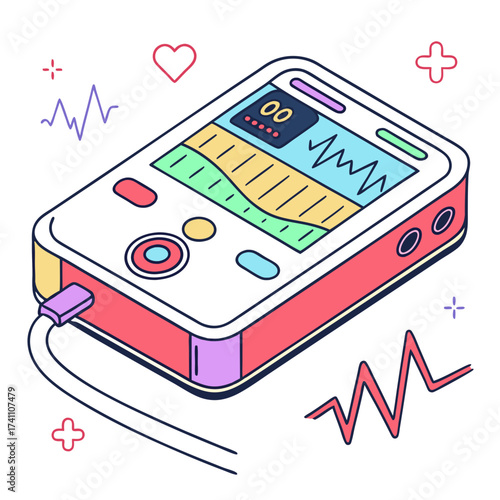 Colorful electrocardiograph machine with heart rate display