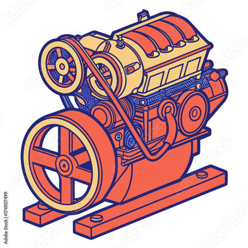 Colorful engine with large flywheel and belt machine