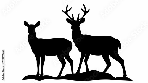 Black silhouette of a doe and a buck standing together on a small hill against a white background scene