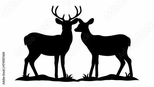 Silhouette of a male deer with antlers and a female deer standing together on a patch of grass design