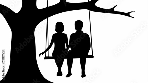 Silhouette of a couple sitting on a swing hanging from a tree with branches and leaves visible near them