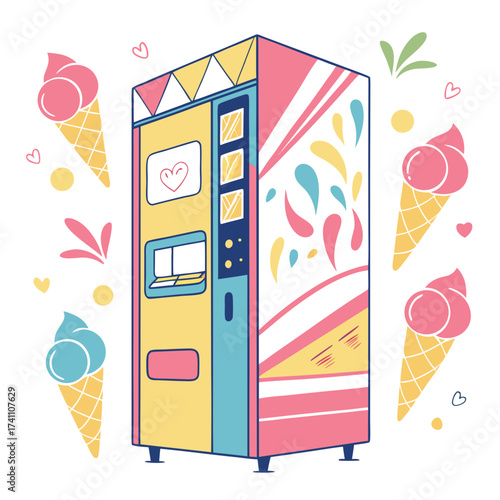 Colorful ice cream vending machine with cones and hearts