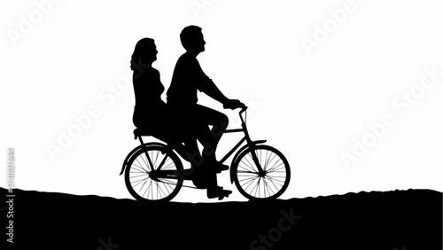 Silhouette of a man and woman riding a bicycle together on a path against a white background in a simple scene