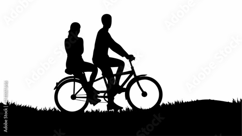 Silhouette of couple riding tandem bicycle on grass against white background in outdoor recreational scene