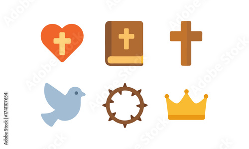 Christian symbols set: cross, bible, dove, heart, crown, and thorn wreath
