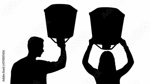 Silhouette of man and woman holding sky lanterns in their hands against a white studio background view