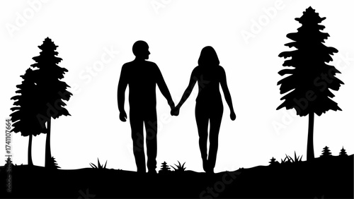 Silhouette of a couple holding hands walking in a landscape with trees on a white background scene view