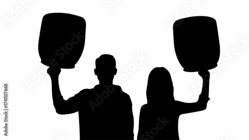 Silhouette of a man and woman holding lanterns in the air against a white background in a simple vector